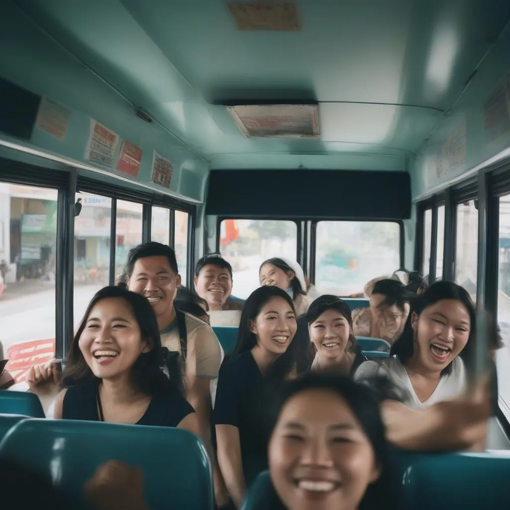 group of people riding a bus in ho chi minh city