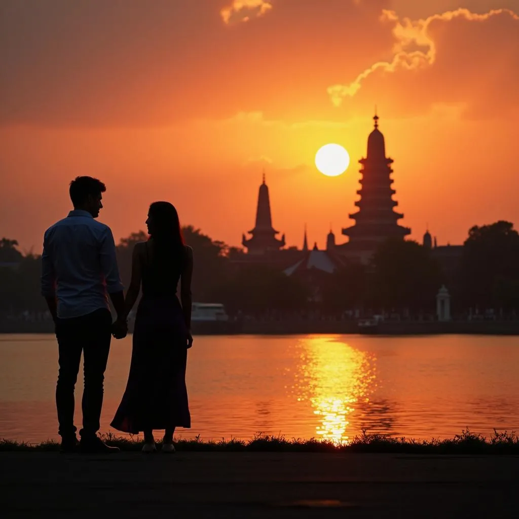 Couple Admiring Sunset at Hoan Kiem Lake