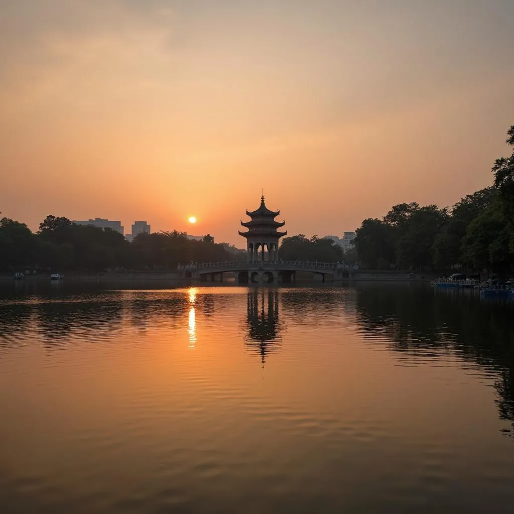 Sunset over Hoan Kiem Lake with the Turtle Tower in the distance