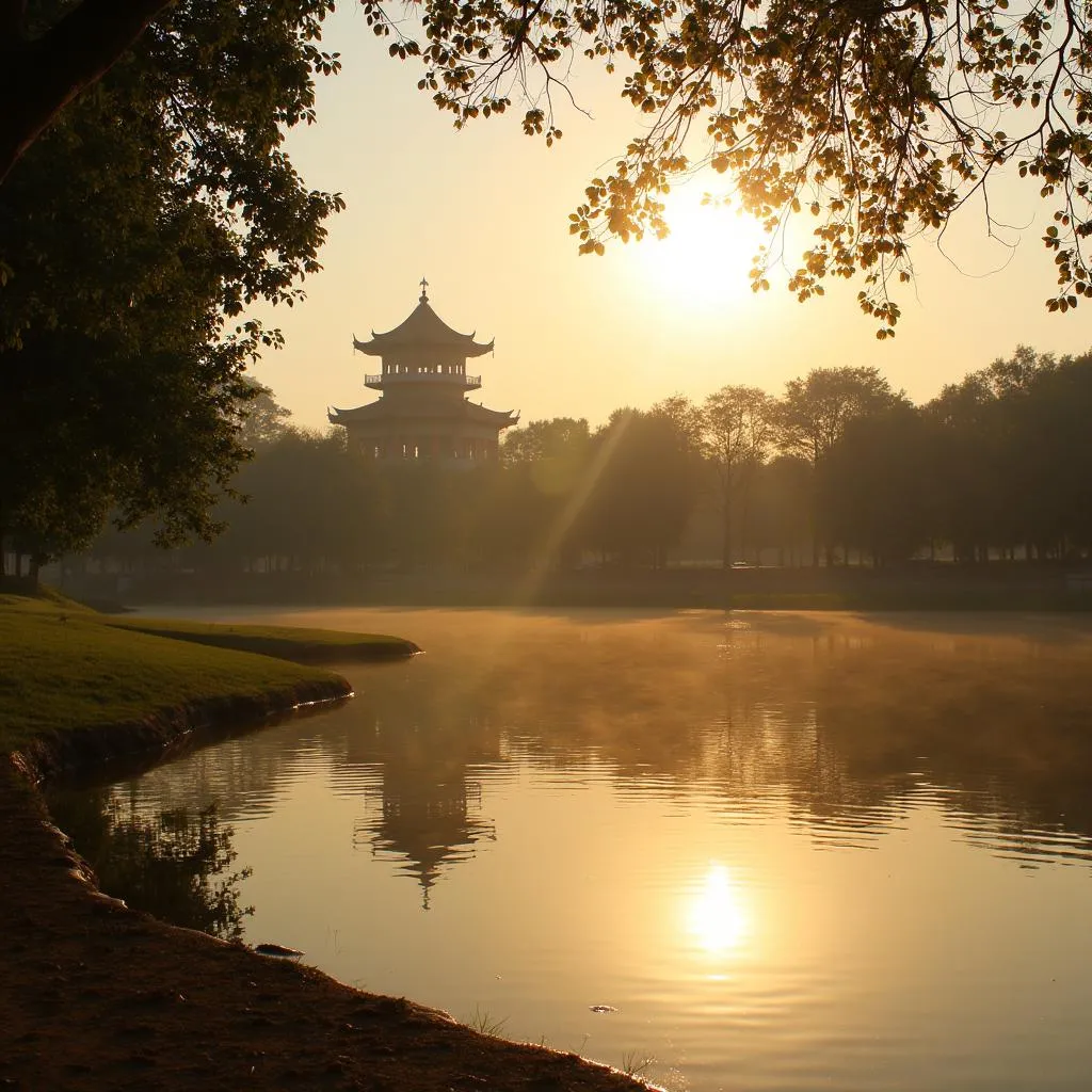 Tranquil scene of Hoan Kiem Lake at sunset