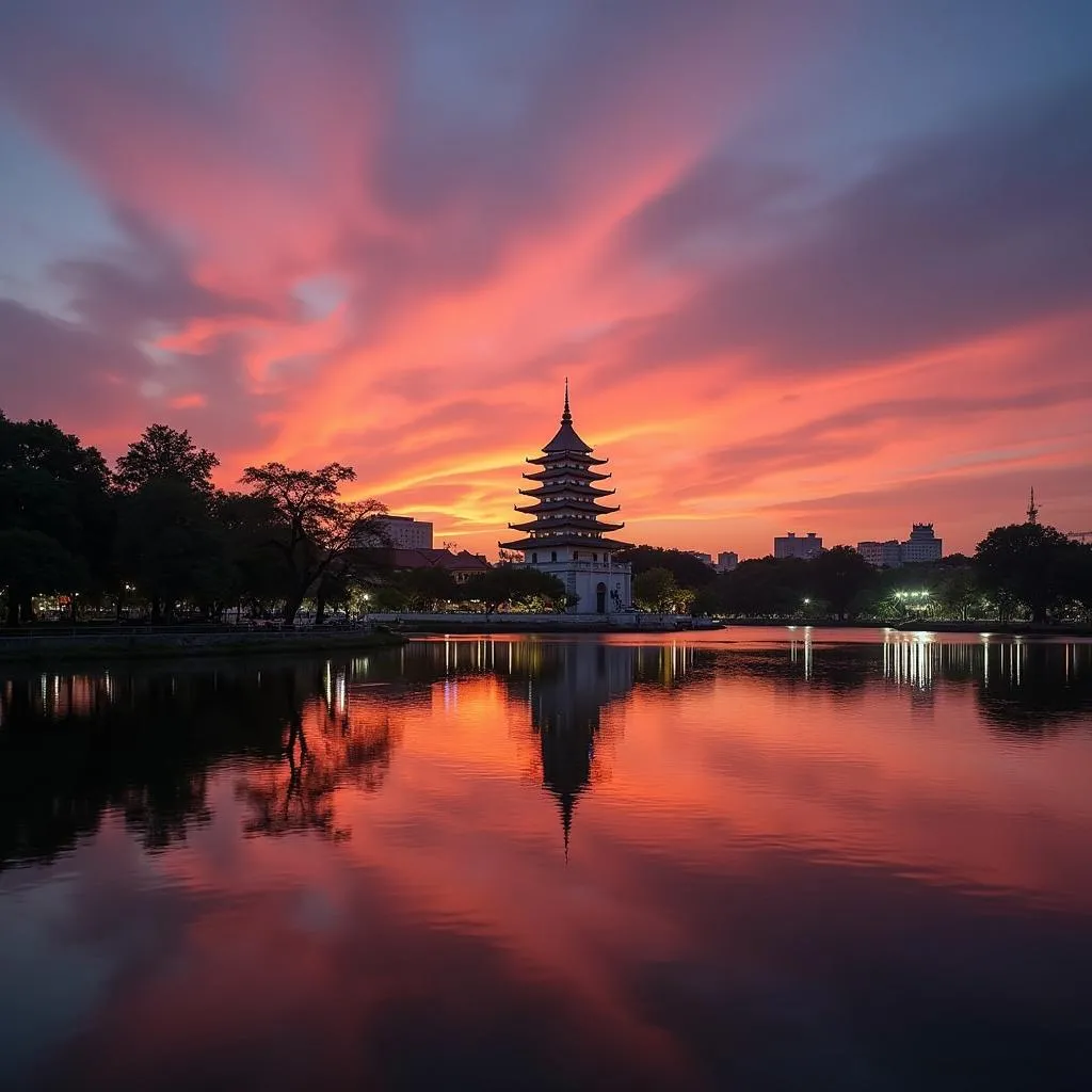 Serene sunset at Hoan Kiem Lake, Hanoi