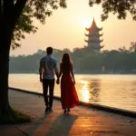 Honeymooners strolling by Hoan Kiem Lake