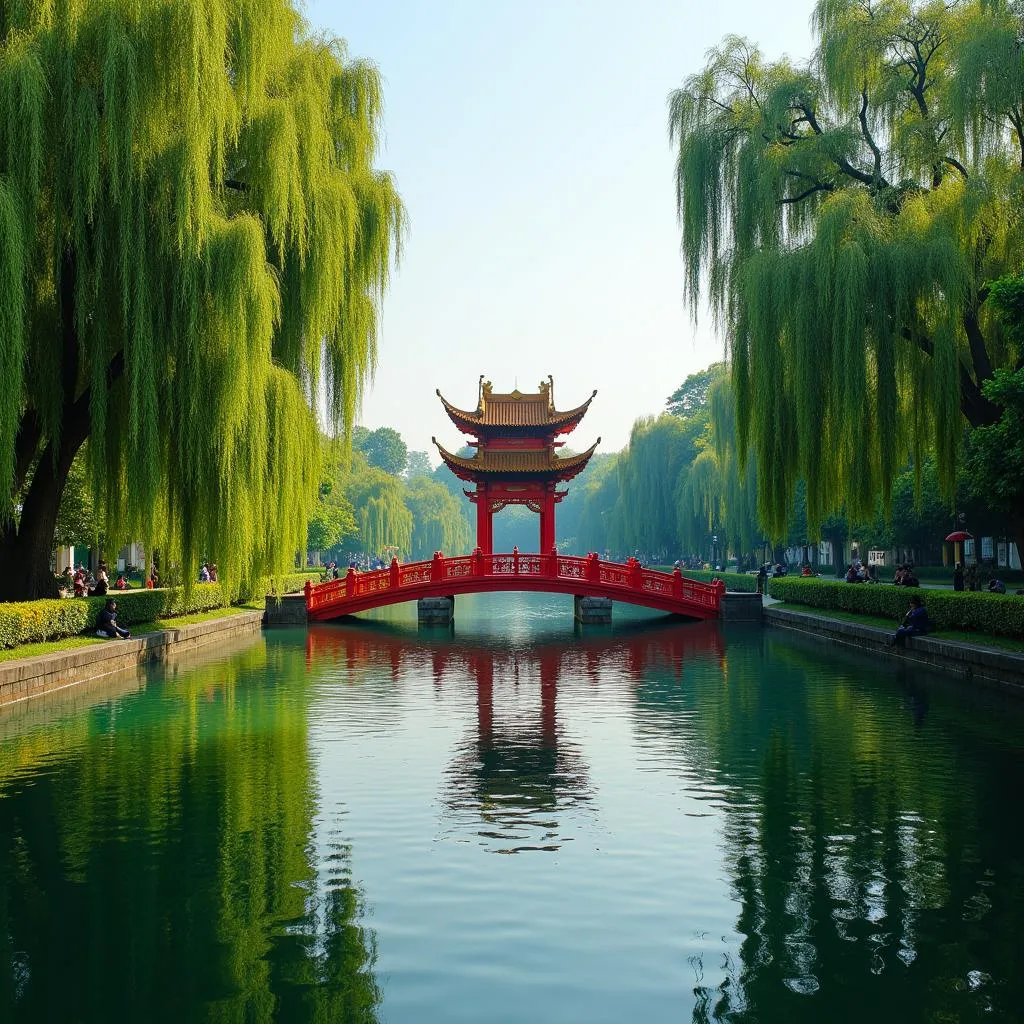 Serene view of Hoan Kiem Lake and Ngoc Son Temple in Hanoi