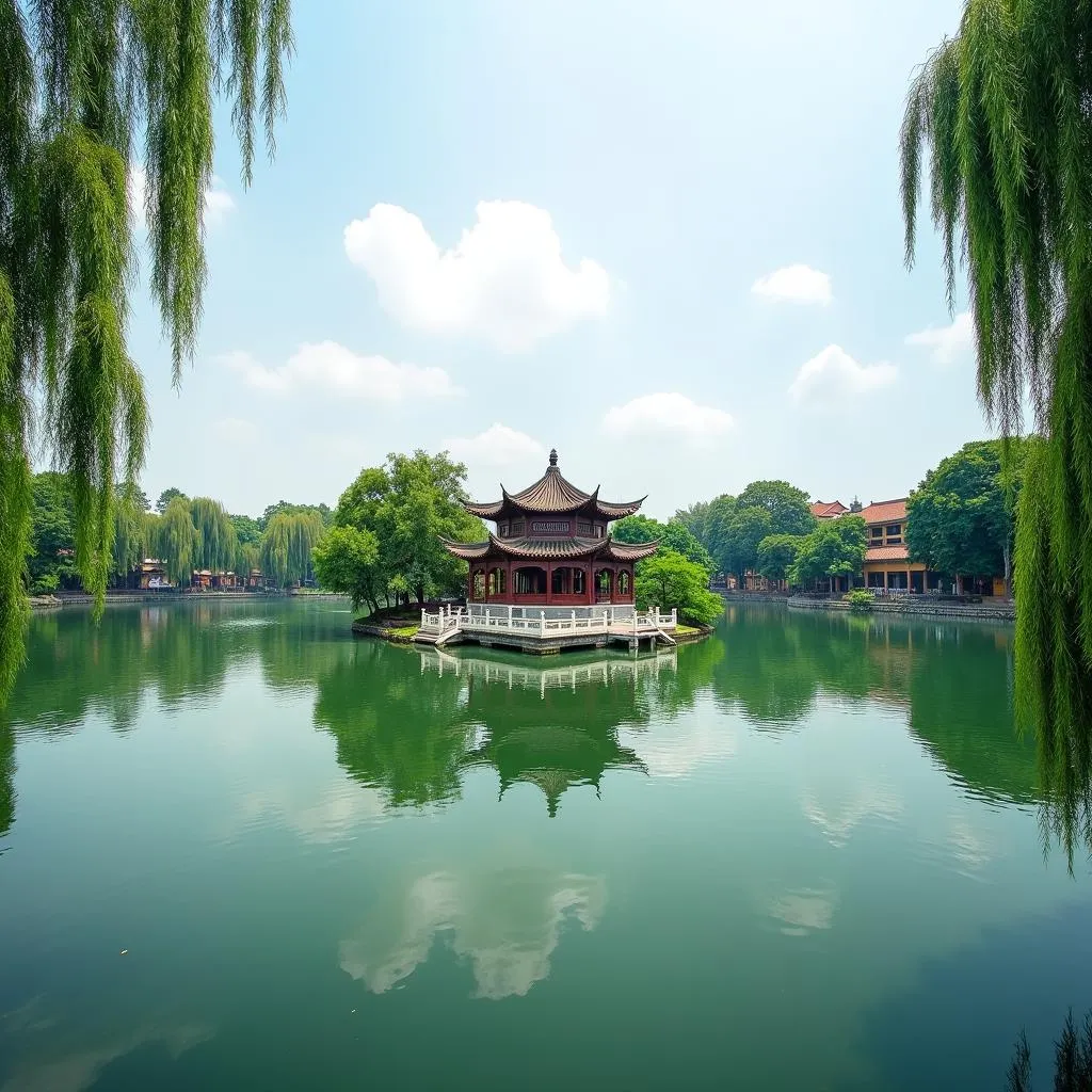 Serene view of Ngoc Son Temple on Hoan Kiem Lake