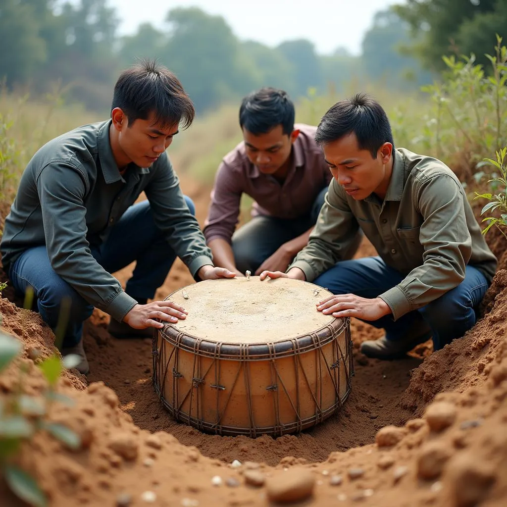 Archaeologists unearthing the Hoang Ha drum