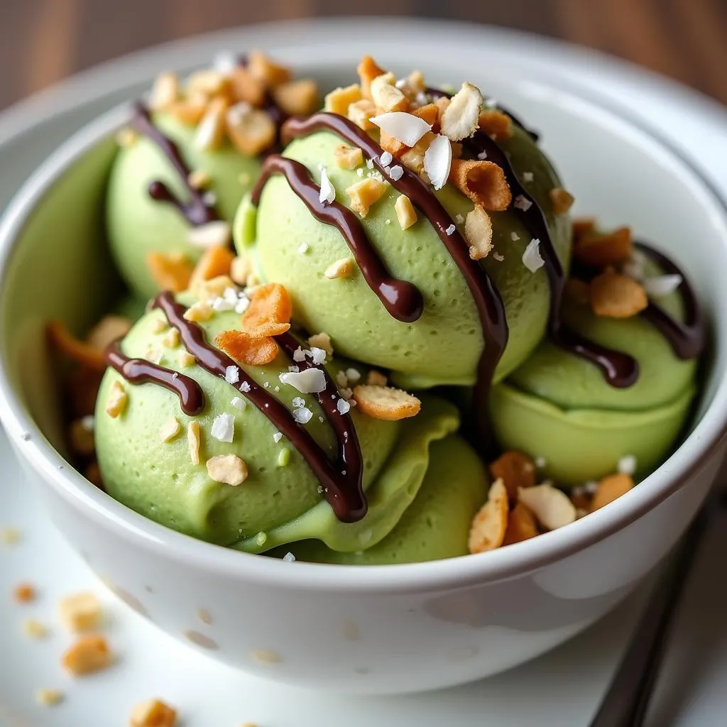 Homemade Vietnamese avocado ice cream with toppings