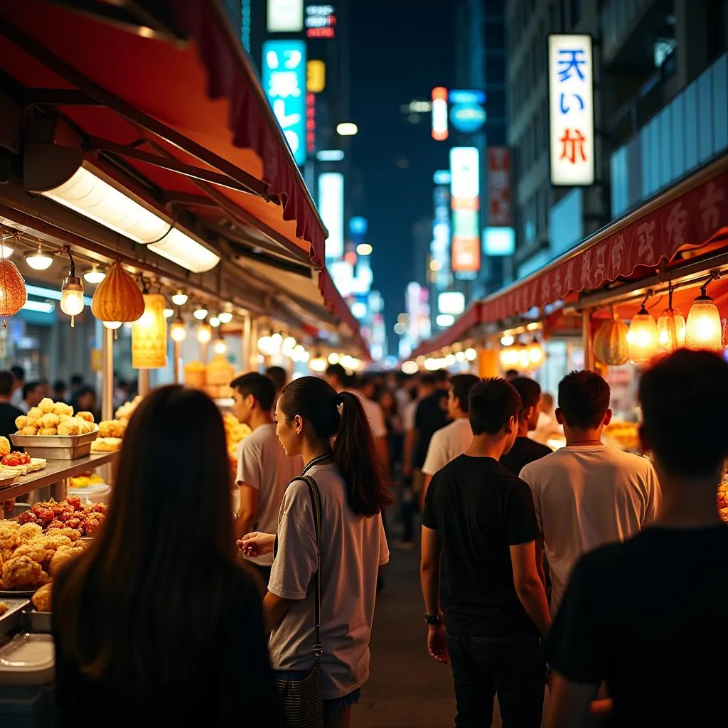 Busy street food market in Hong Kong at night