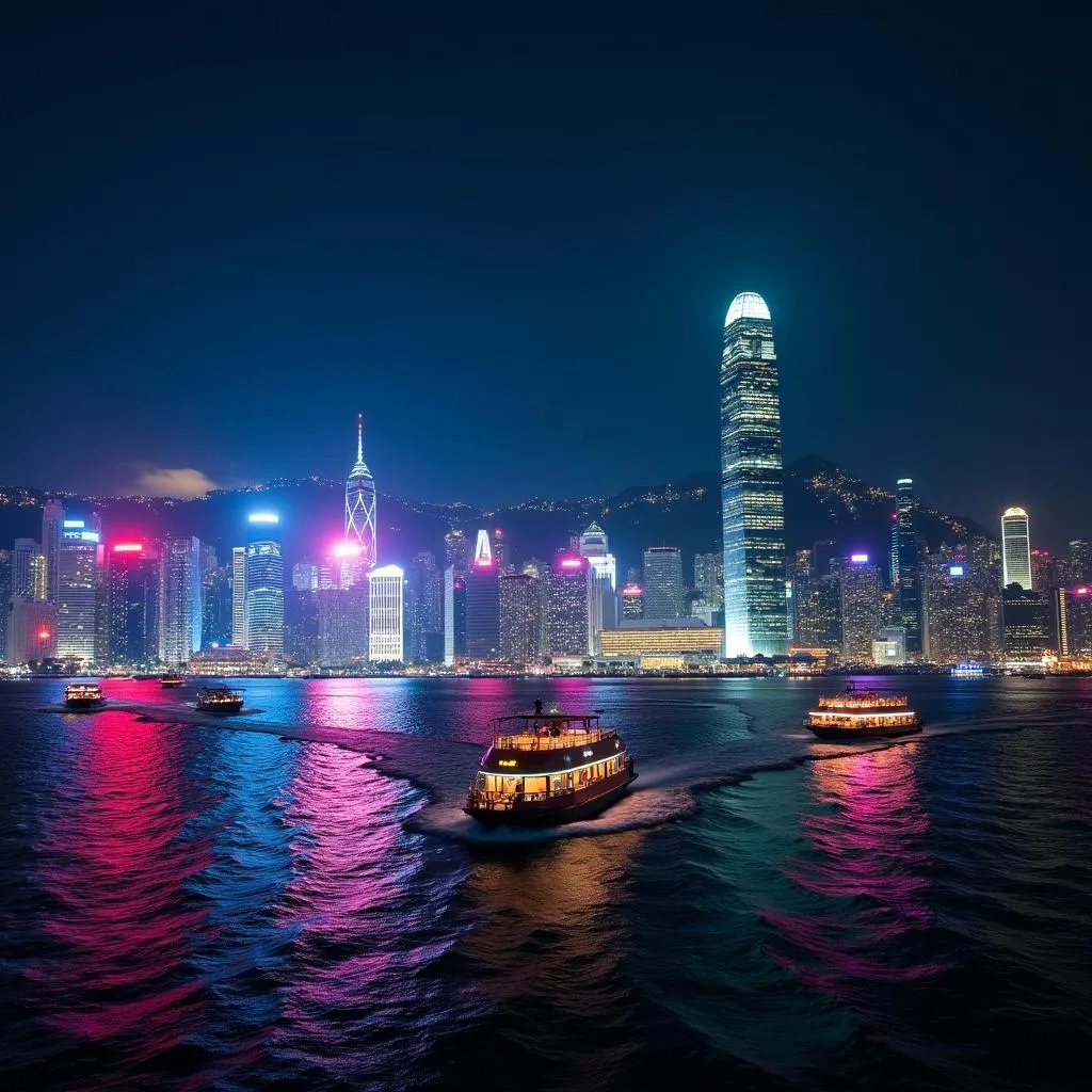 Hong Kong skyline at night with Victoria Harbour in the foreground