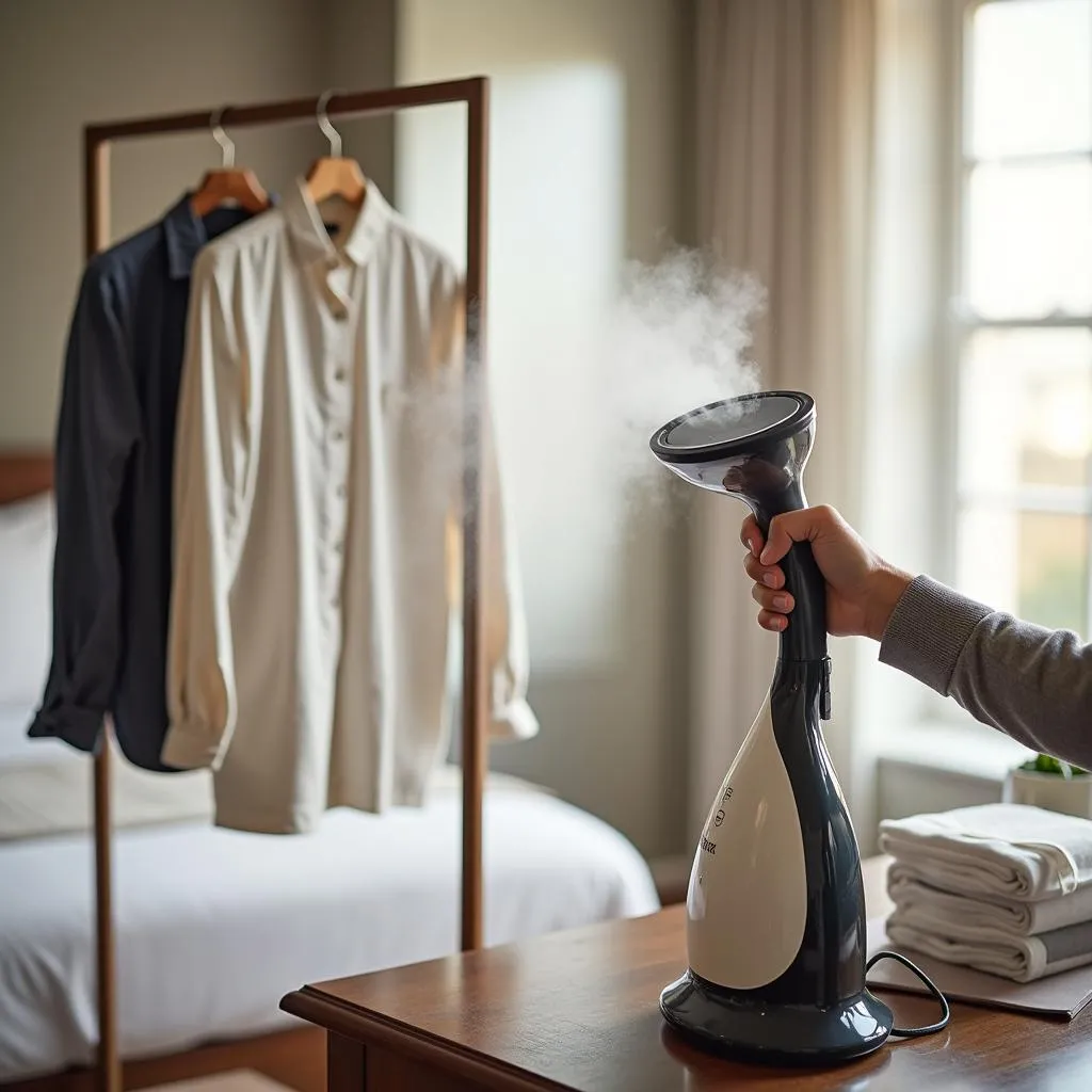 Hotel Room with Steamer and Clothes