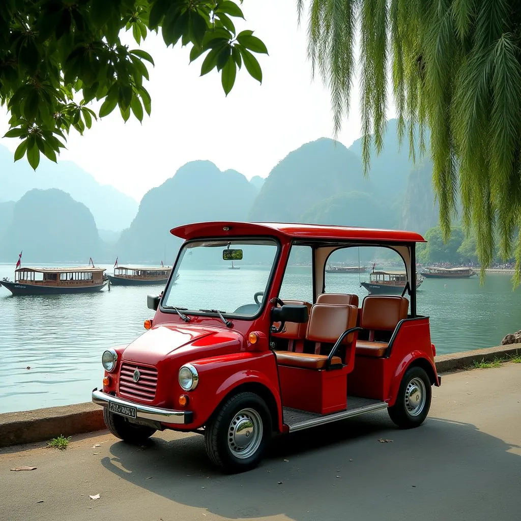 Electric car parked by the Perfume River in Hue