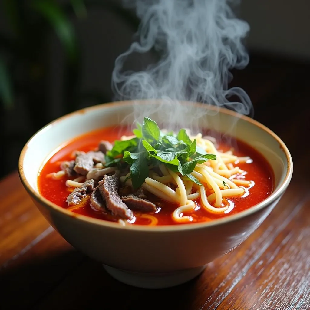 A steaming bowl of Bun Bo Hue