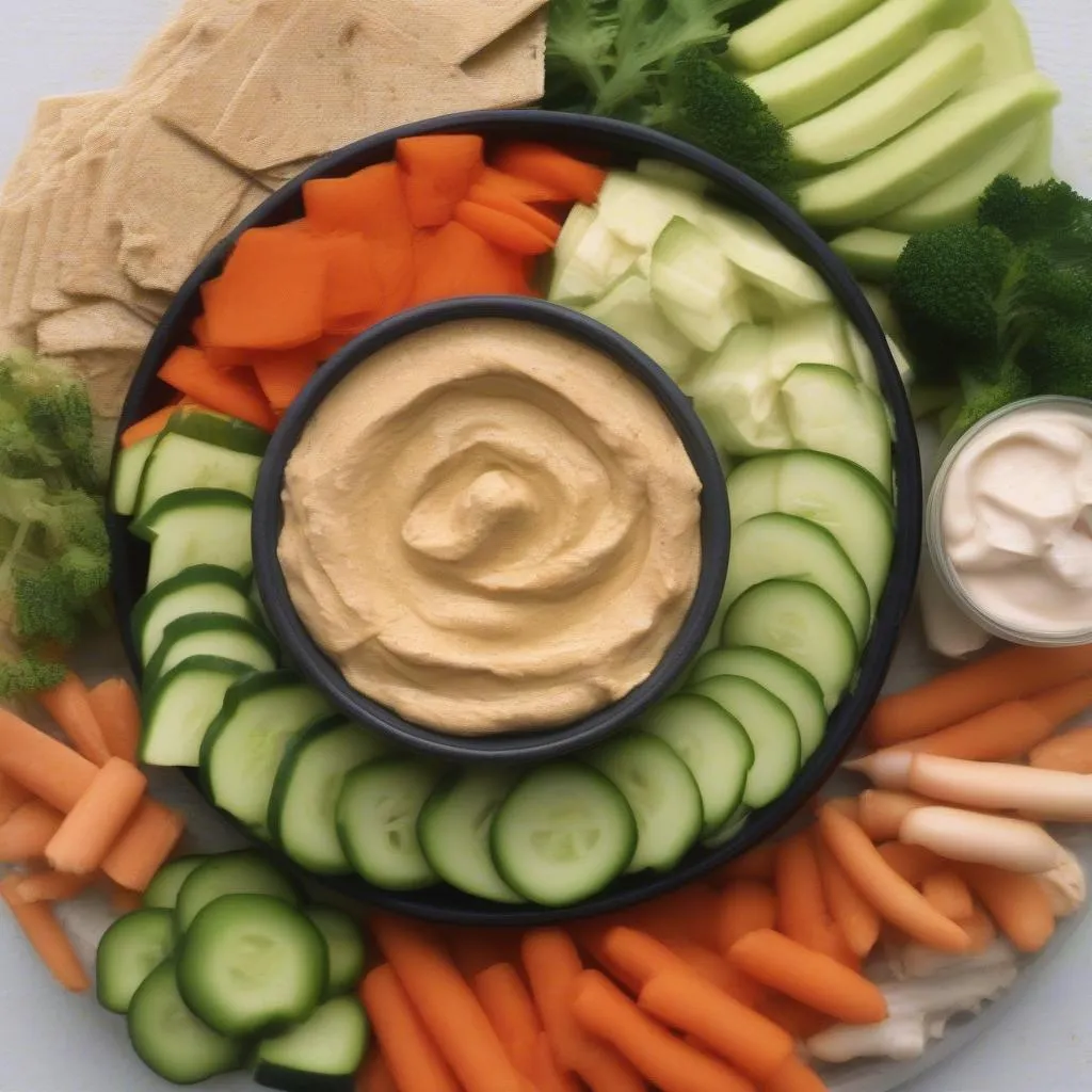 A plate of hummus with baby carrots, celery sticks, and cucumber slices