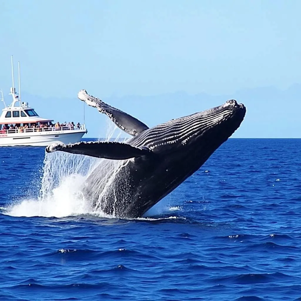 Humpback whale breaching the surface of the water near a boat in Maui