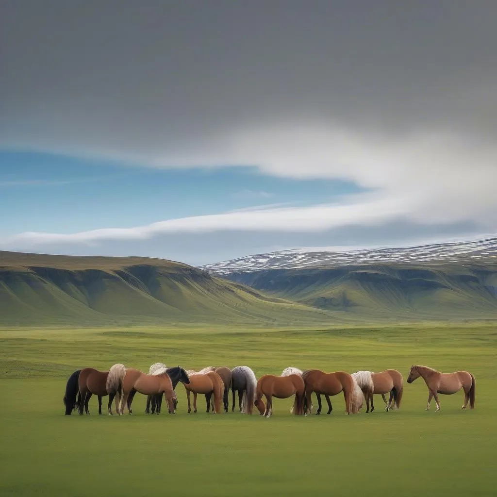 Icelandic horses grazing in a field