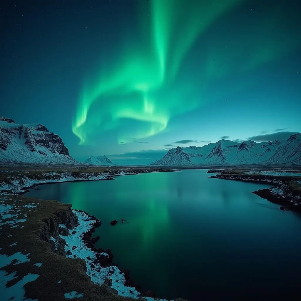 Northern Lights over mountains and water in Iceland