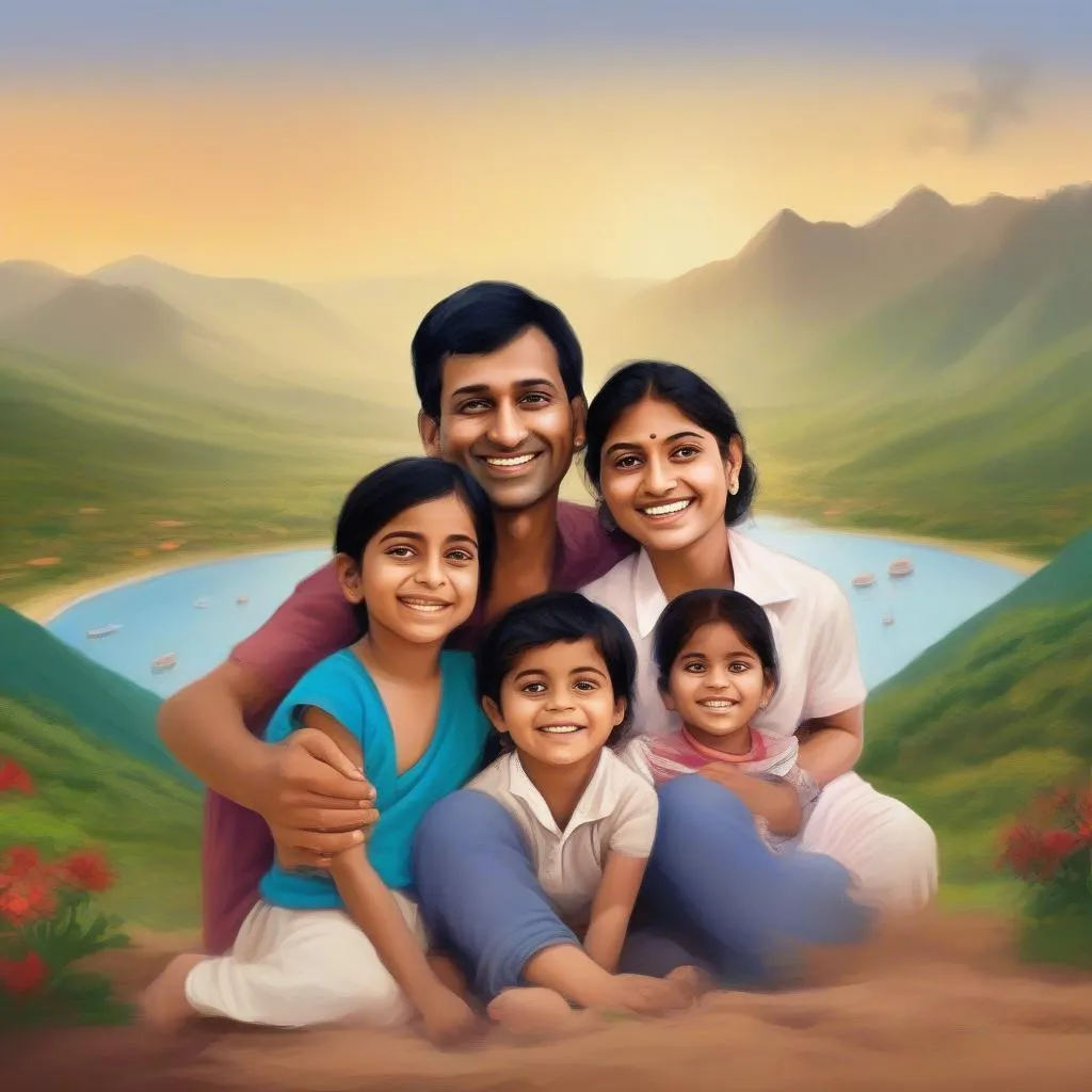 Indian family enjoying vacation at picturesque location