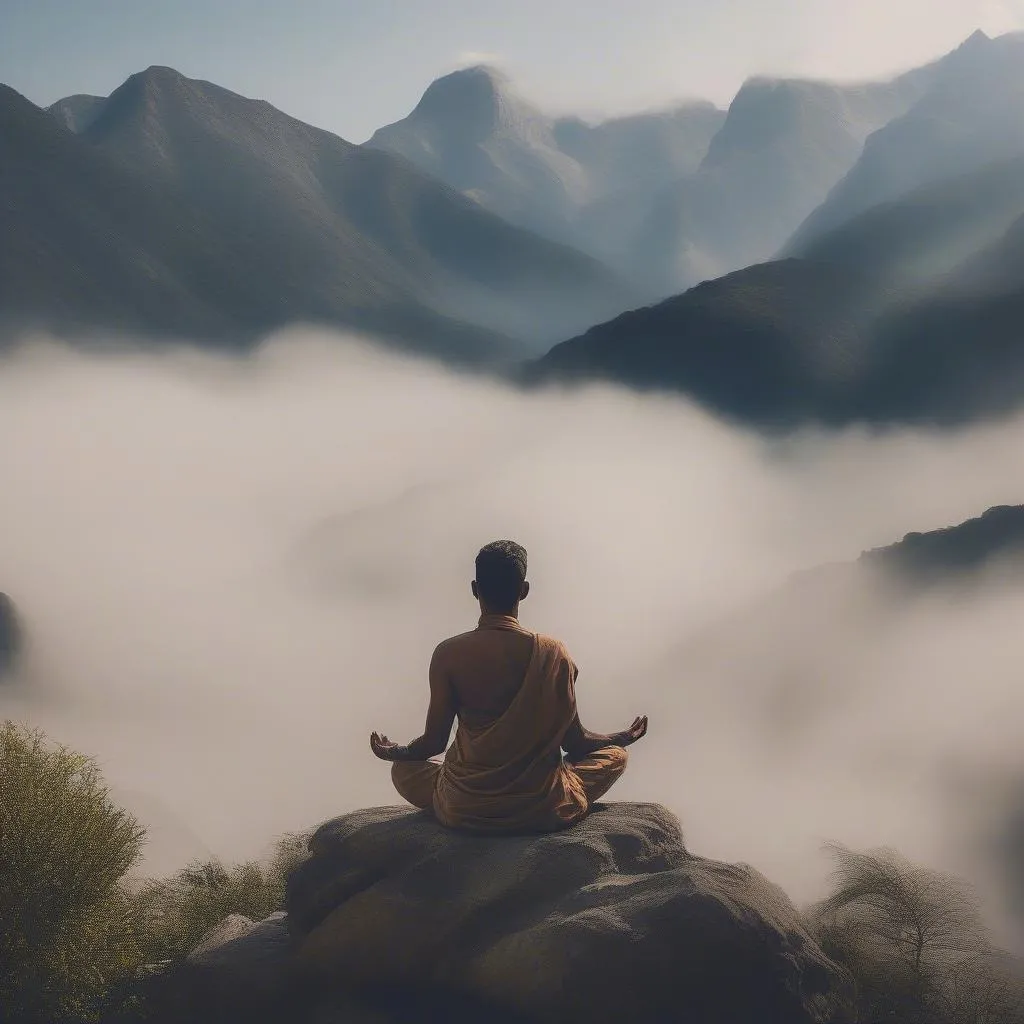 Indian traveler meditating on a serene mountaintop