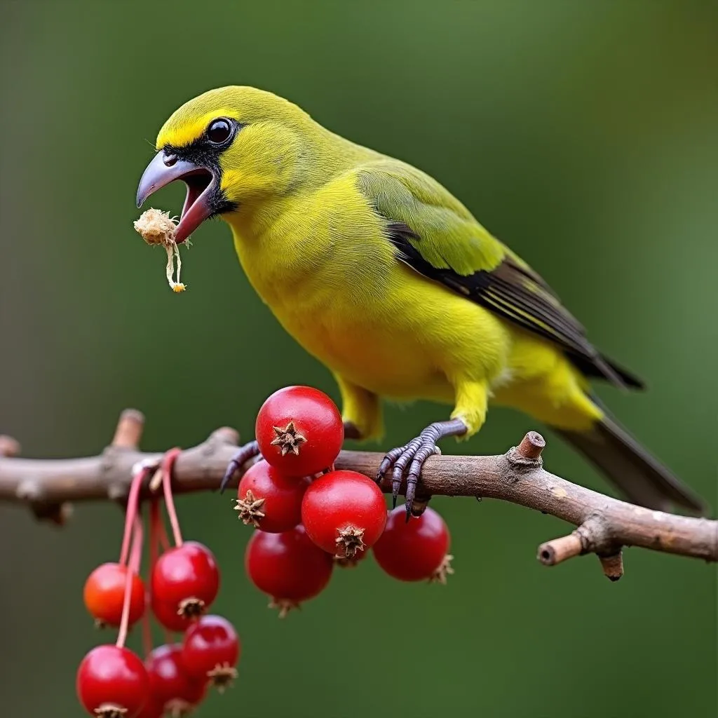 Indochinese Greenfinch feeding on fruits