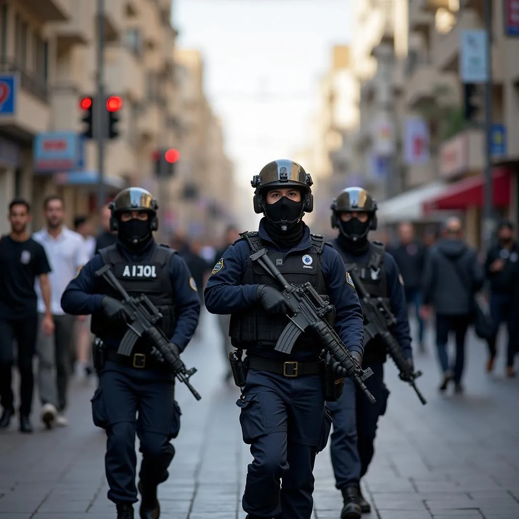 Israeli security personnel patrolling a city street