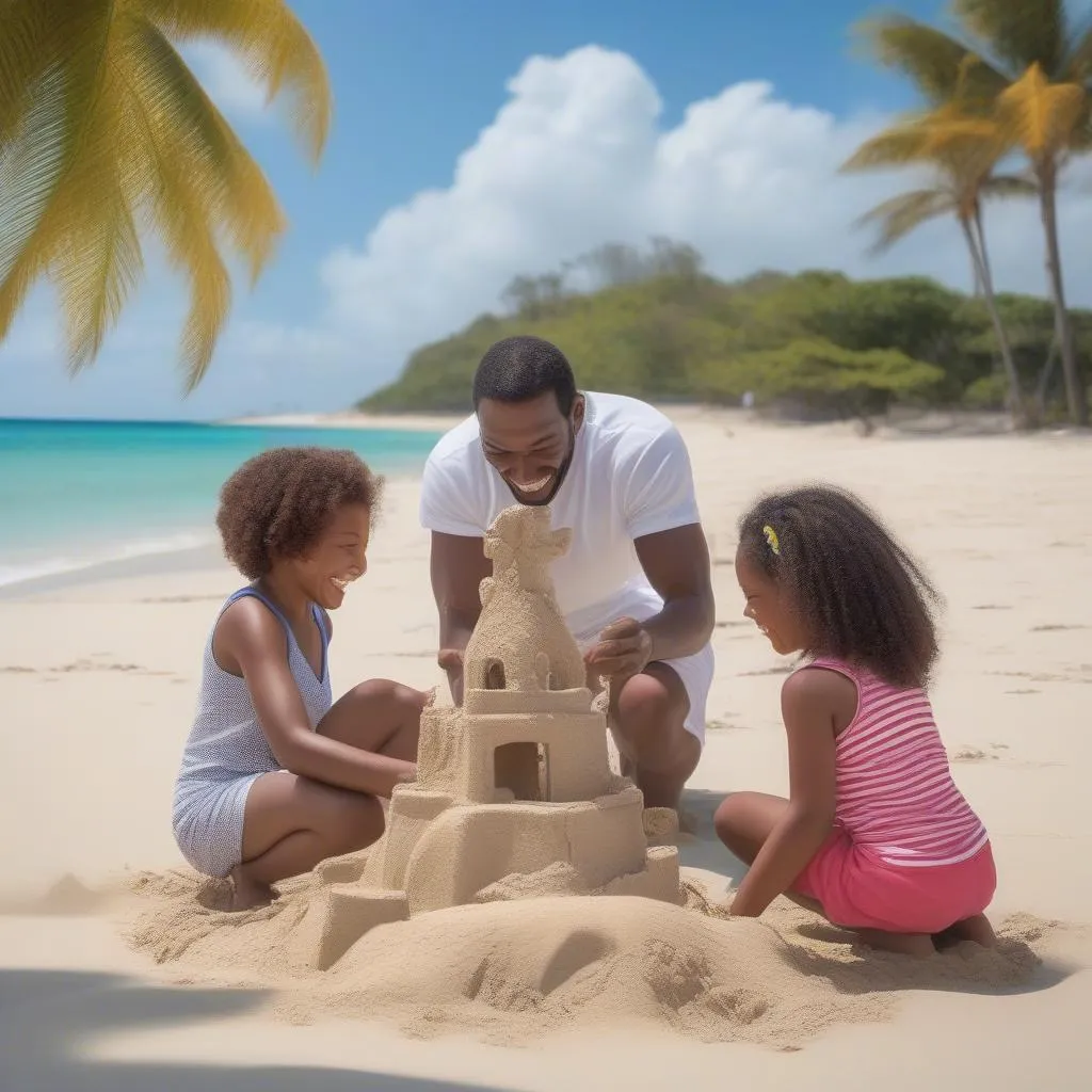 Smiling Jamaican family enjoying the beach