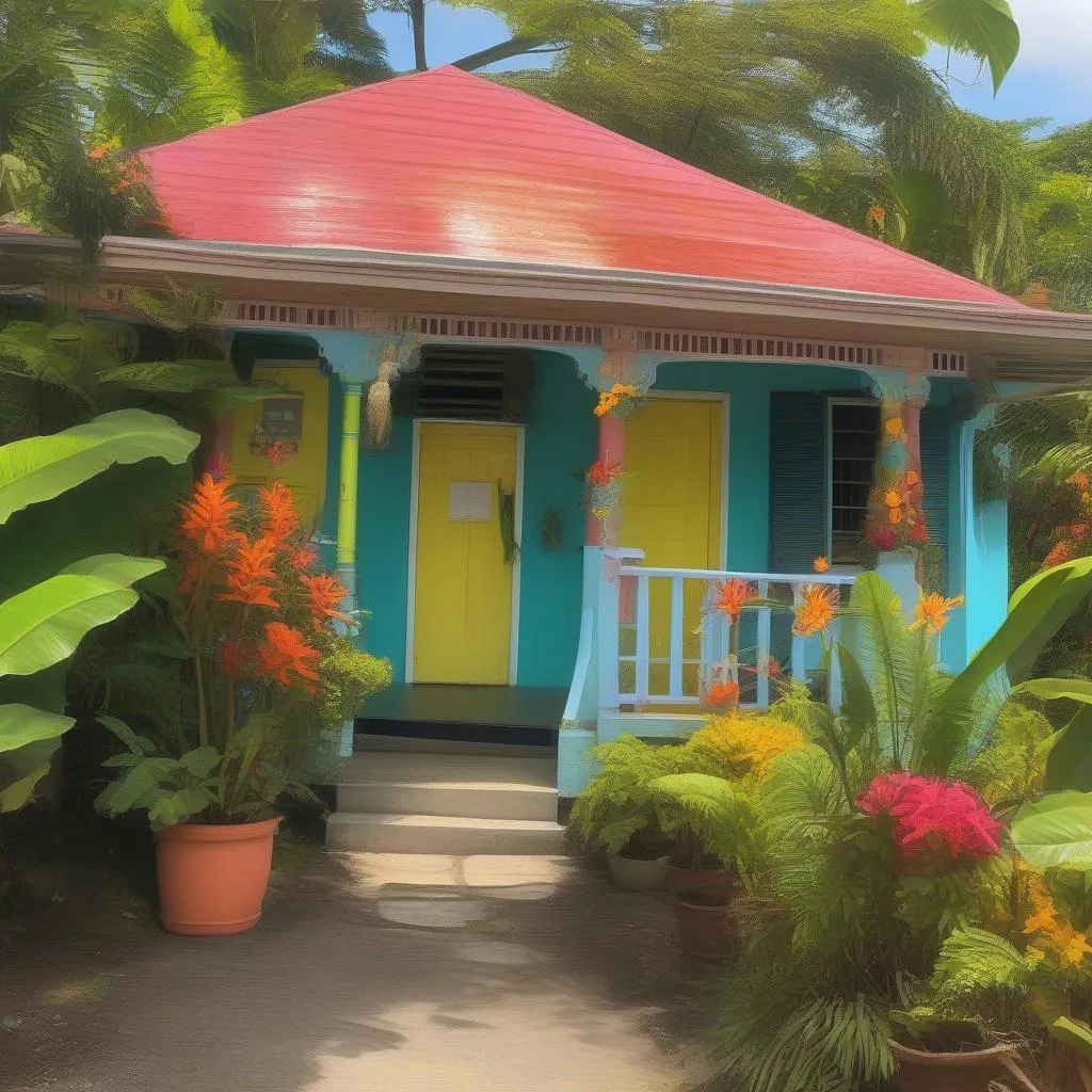 Colorful Jamaican guesthouse surrounded by lush greenery