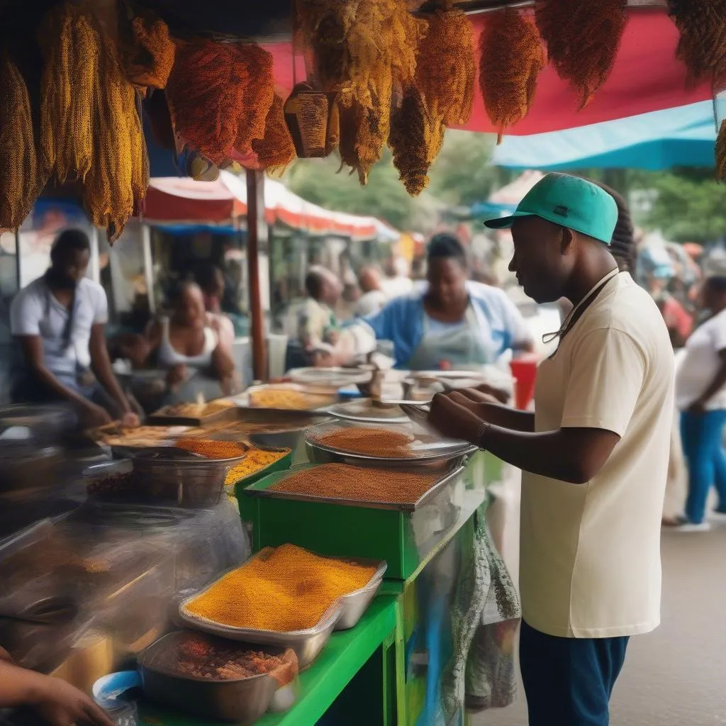 Vibrant street food stall in Jamaica