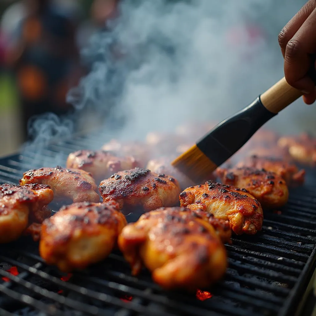 Jamaican street food vendor preparing jerk chicken