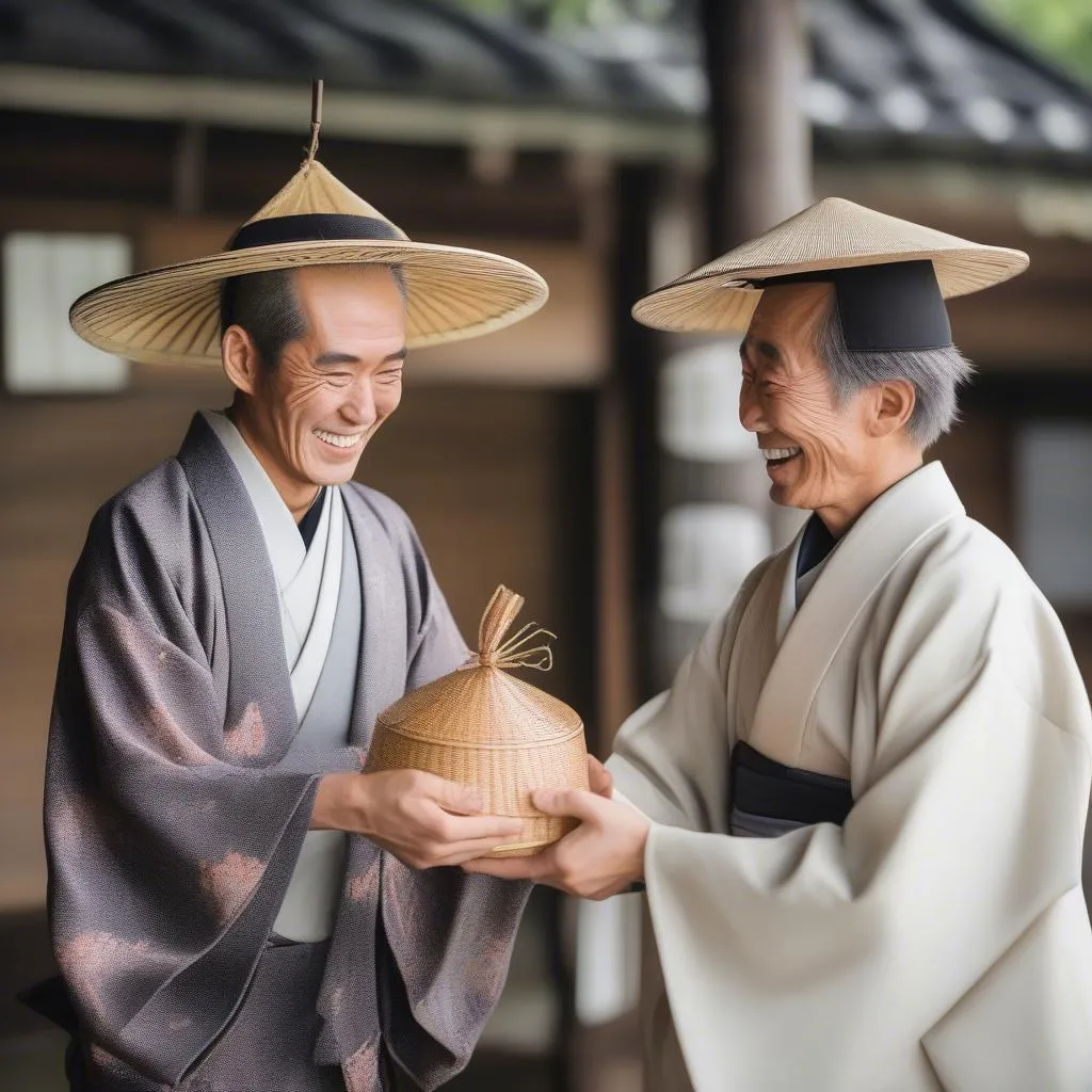 Japanese man giving hat gift