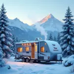 Jayco travel trailer parked in a snowy landscape