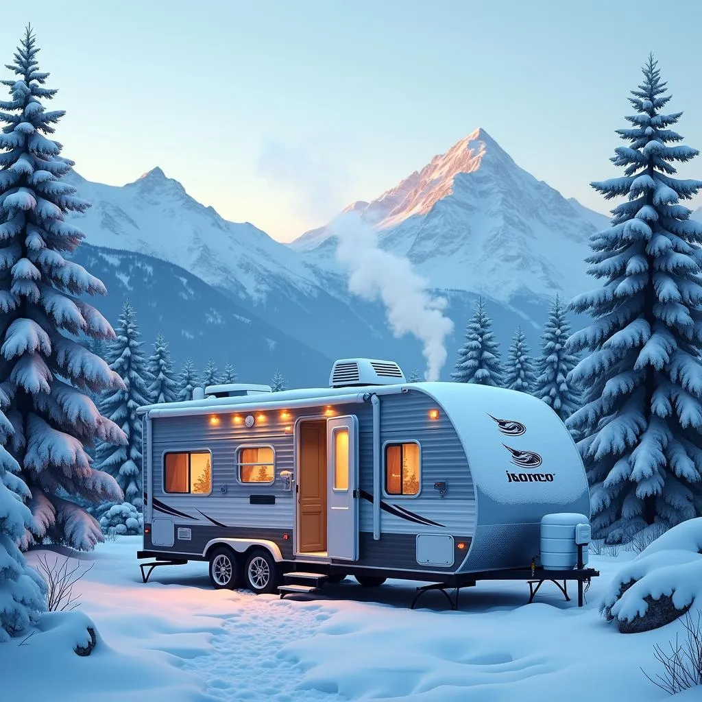 Jayco travel trailer parked in a snowy landscape