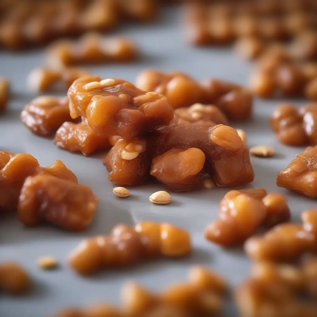 Close-up of golden Kẹo Lạc with peanuts visible in the candy.