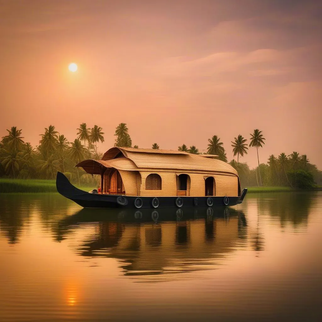 Sunset over Kerala Backwaters with a houseboat