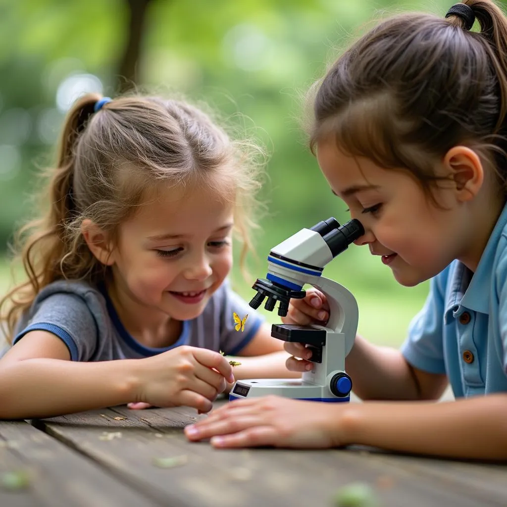 Kids using a travel microscope outdoors