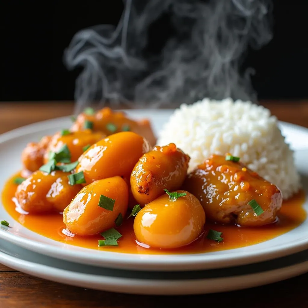 Kumquat glazed chicken served with steamed rice