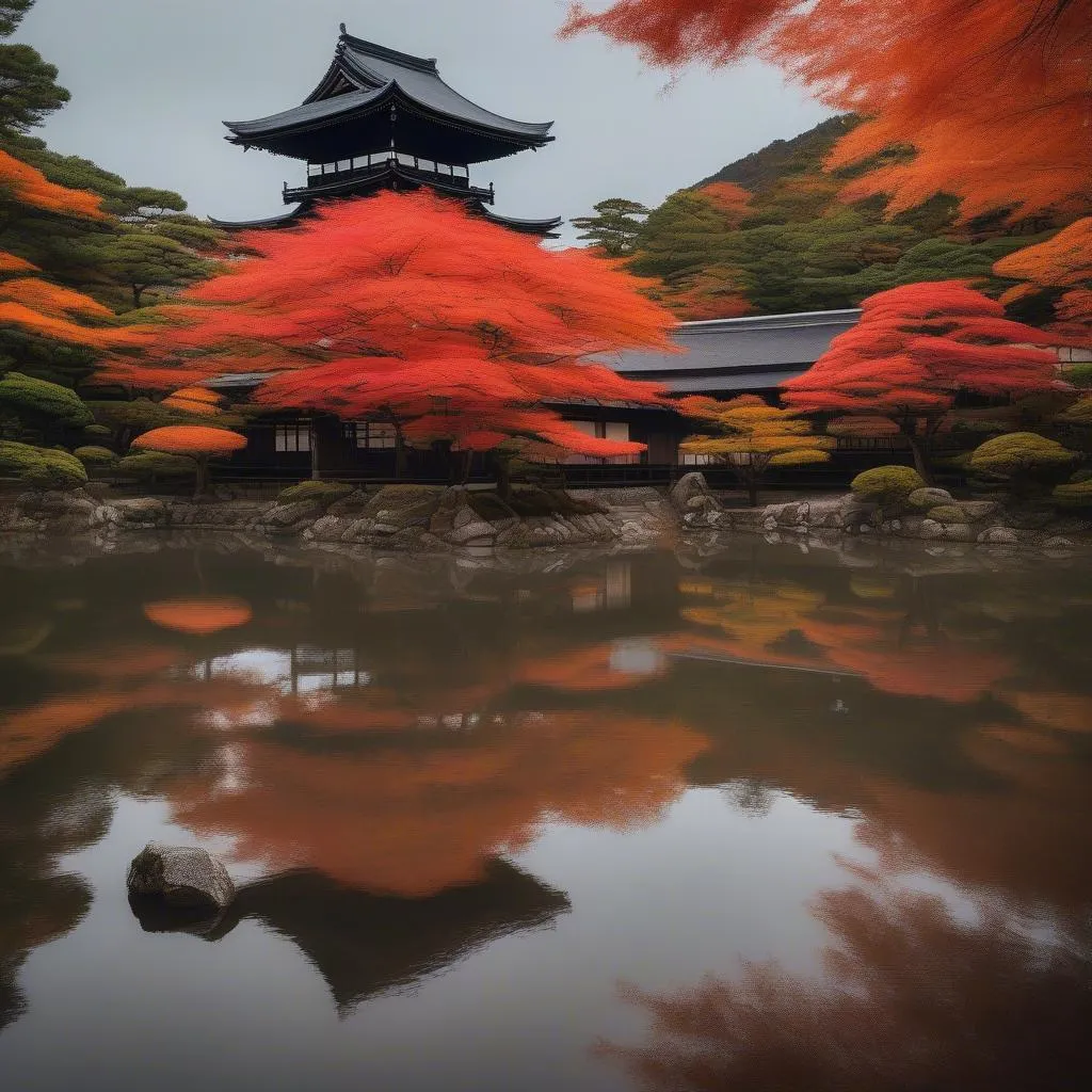 Kyoto Temple with Autumn Leaves