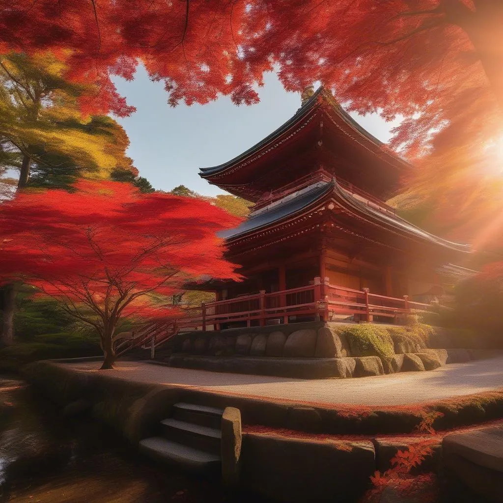 Kyoto Temple with Maple Leaves