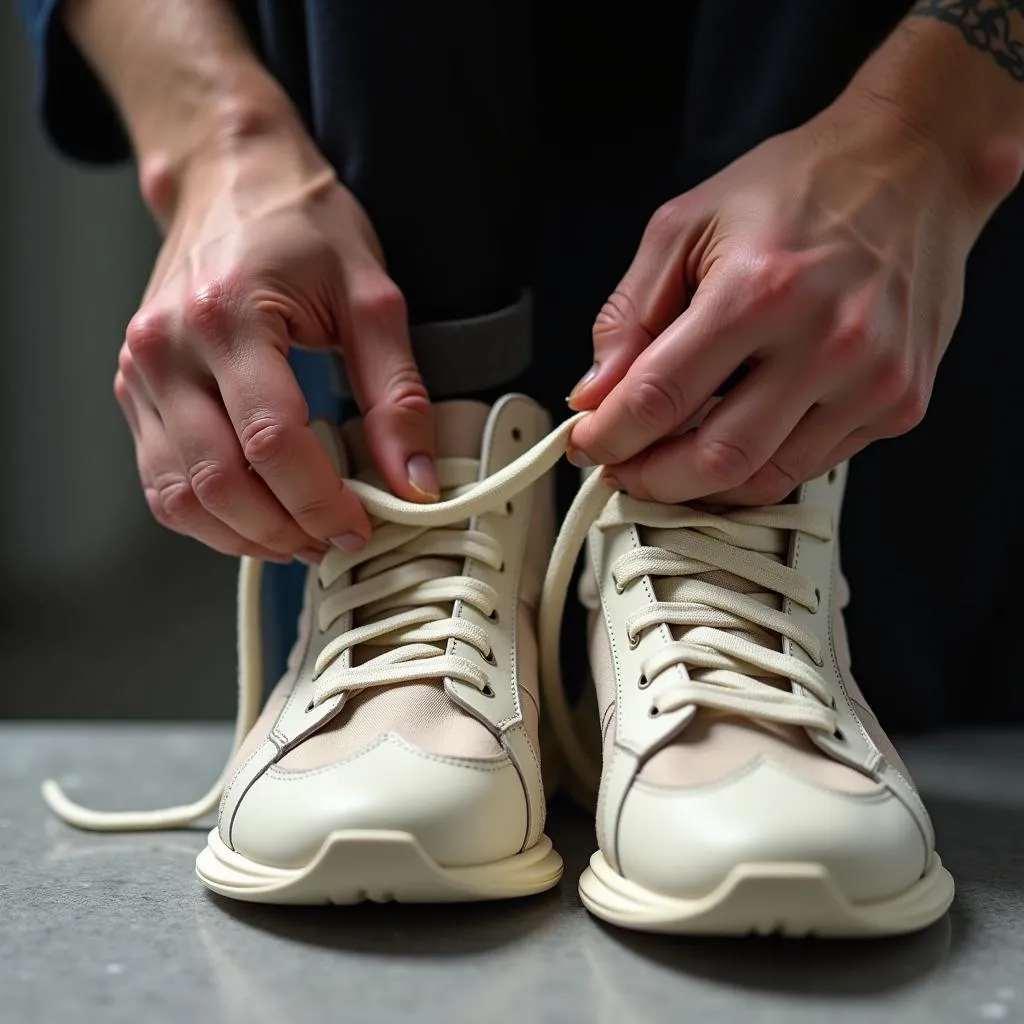 A person lacing Rick Owens sneakers