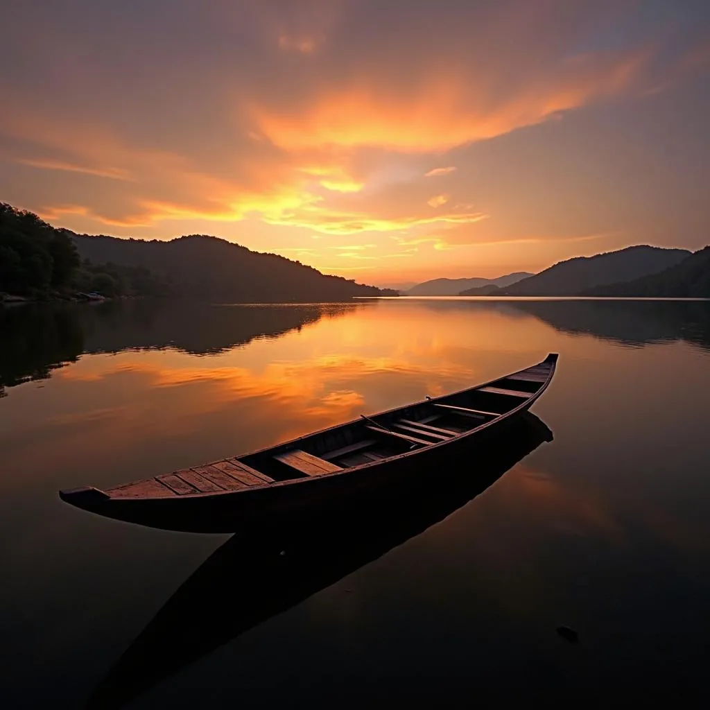 Sunset over Lak Lake with a traditional boat