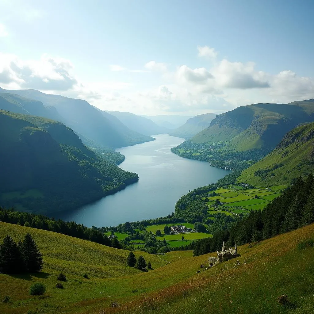  Scenic view of the Lake District with mountains in the distance 