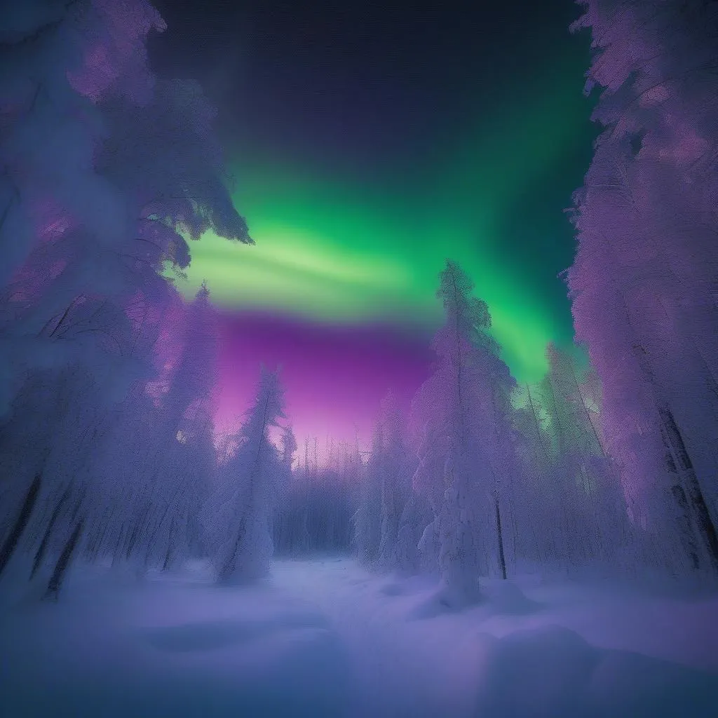 Lapland, Finland - Snow-covered forest and Northern Lights