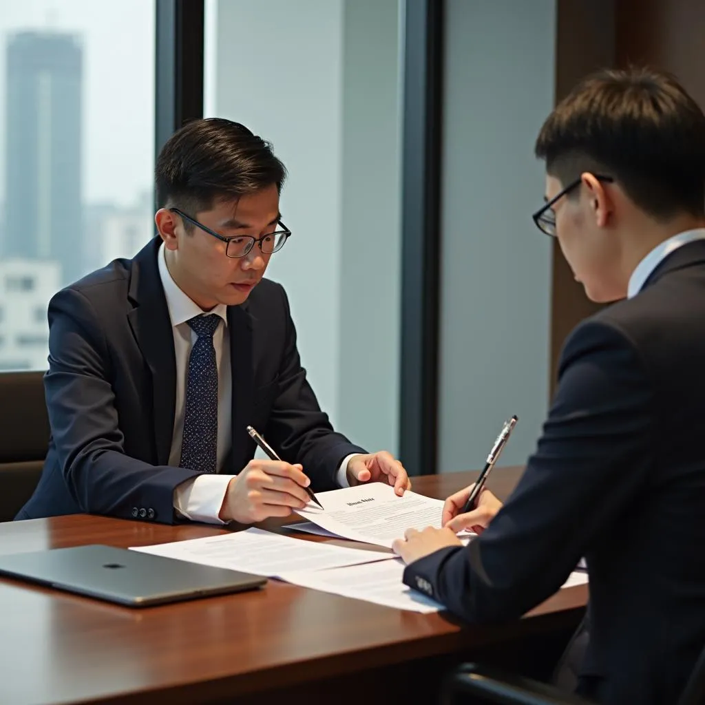 Lawyer advising client in a Hanoi office