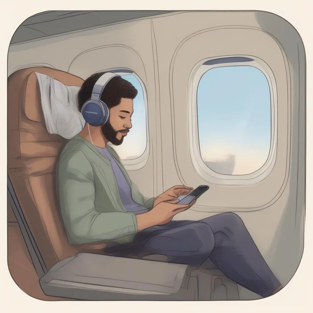 Passenger Enjoying Music on Airplane