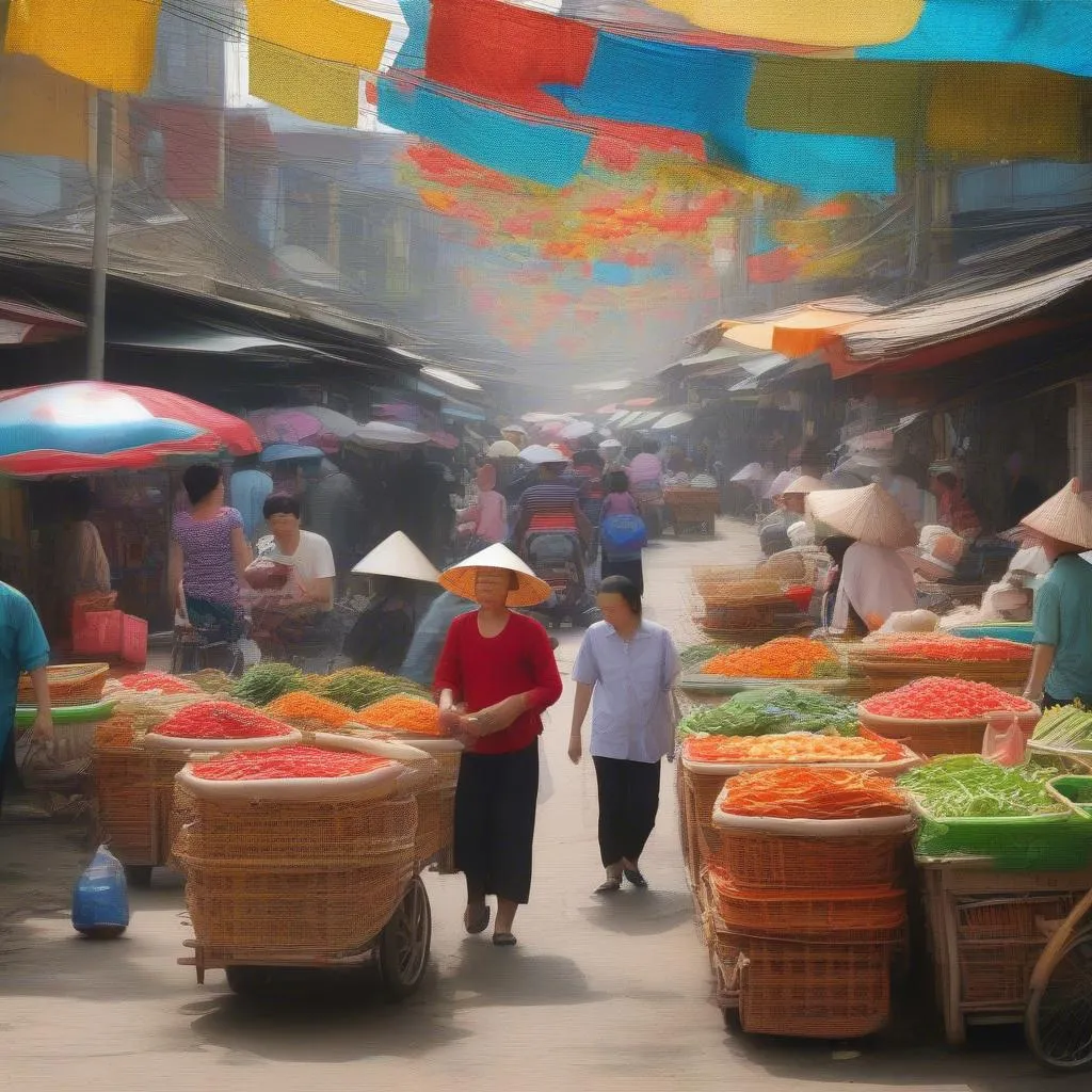 A bustling local market scene in Dong Trieu