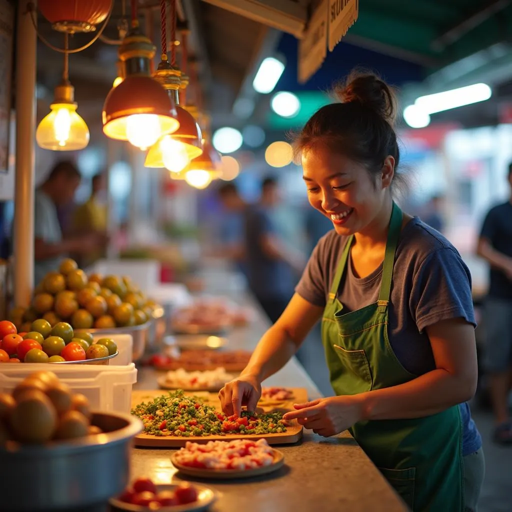 Friendly local vendors at Nghia Tan Market