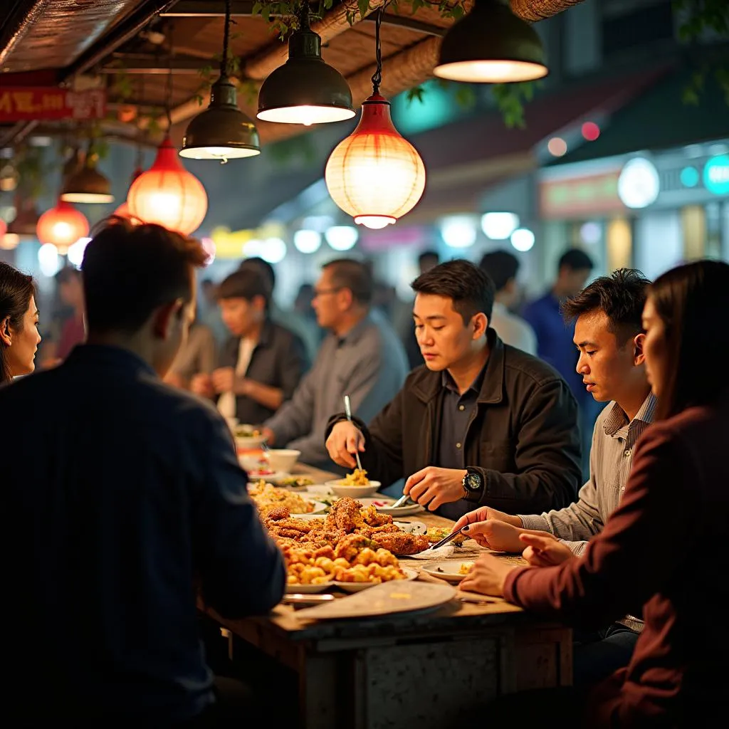 A group of Hanoian locals are gathered around a low table, laughing and enjoying a plate of Dế Than and glasses of Bia Hơi.