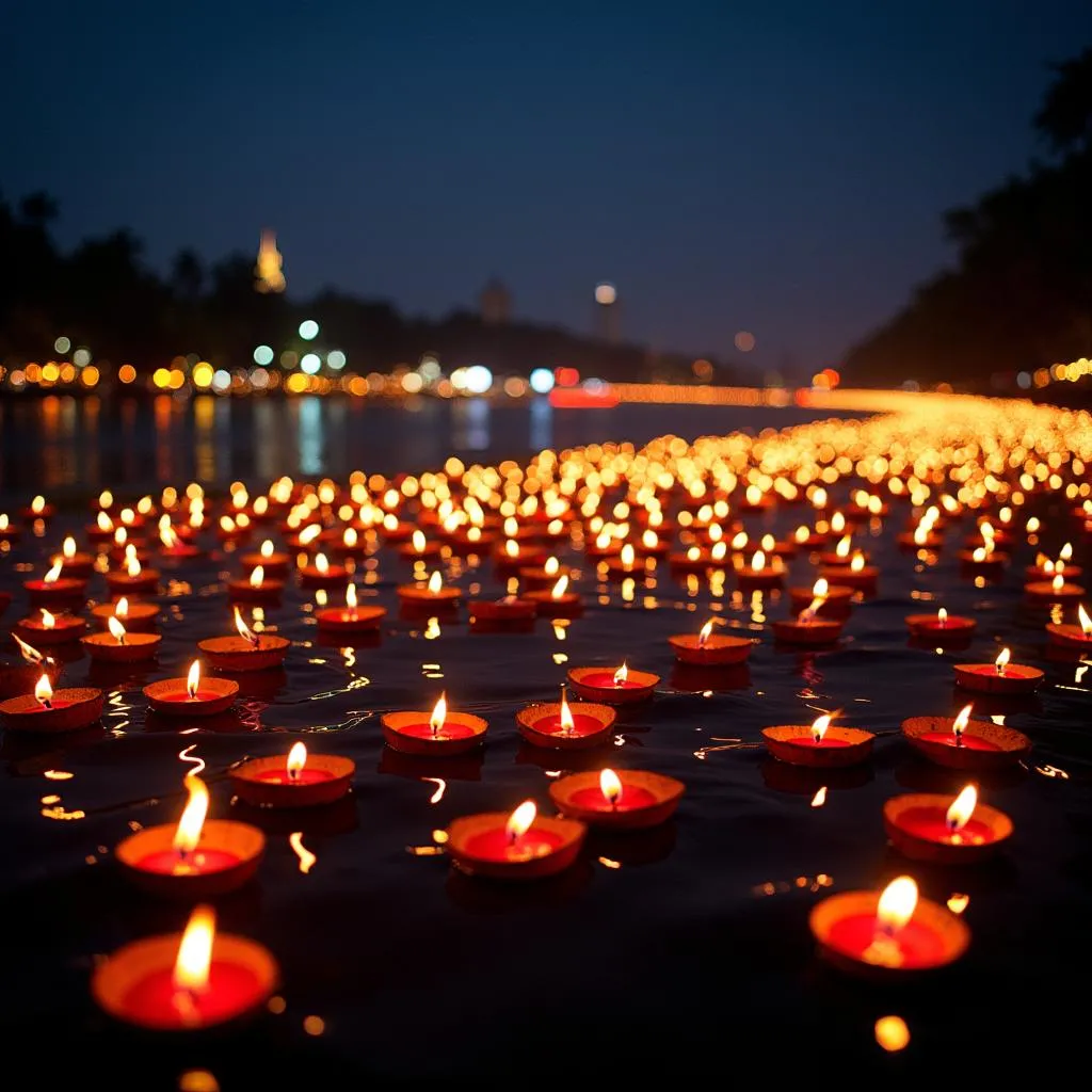 Colorful krathongs float on the Ping River during Loy Krathong festival in Chiang Mai