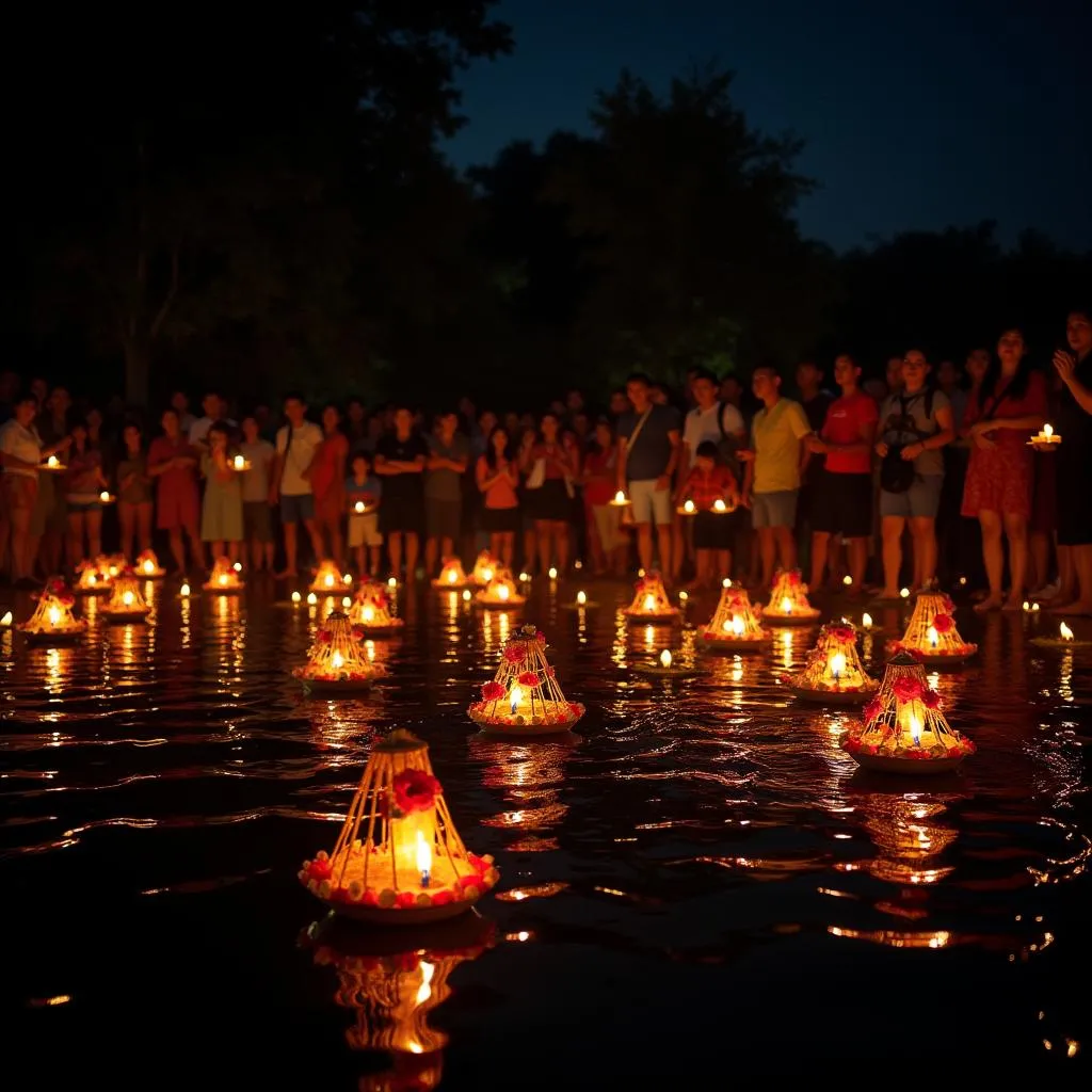 People releasing Krathongs into the water during Loy Krathong festival in Phuket