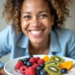 A lung cancer patient enjoying a plate of colorful fruits.