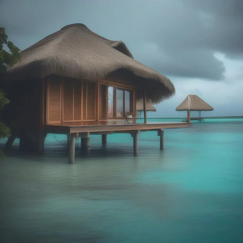 Overwater bungalow in the rain, Maldives