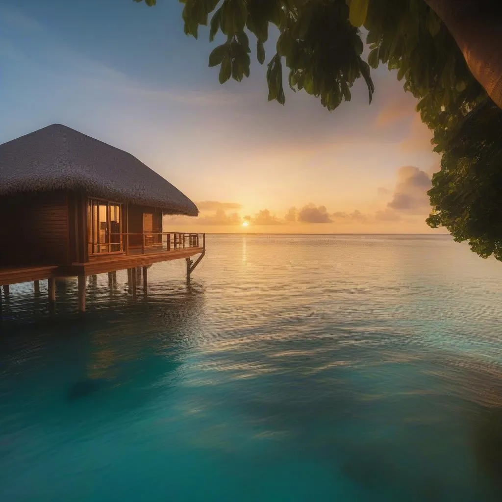 A romantic overwater bungalow in the Maldives at sunset